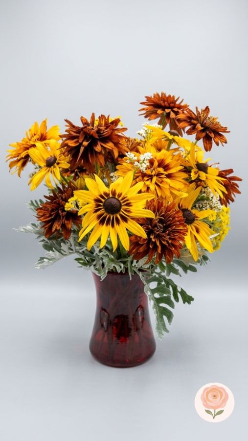 Summer Glow bouquet of golden rudbeckia in a red glass vase